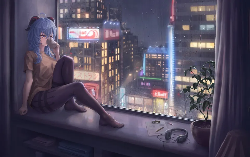 Rainy Window City Night card skin artwork