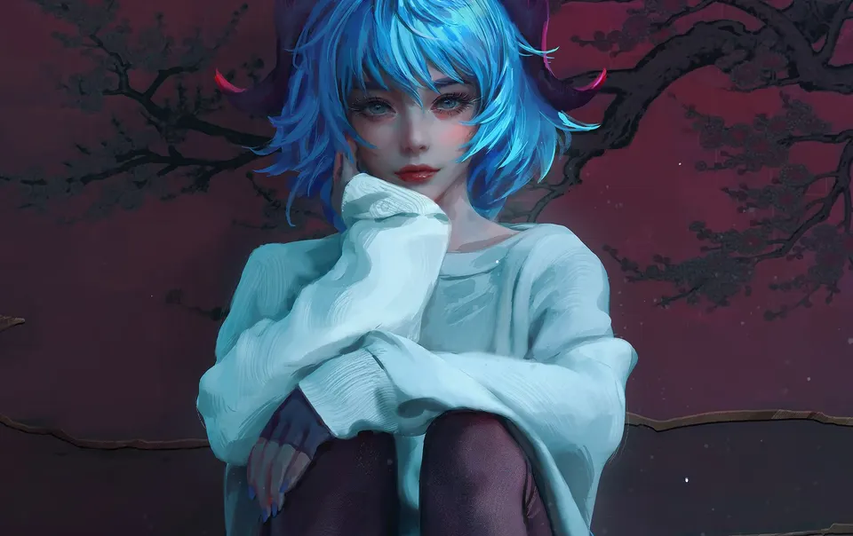 Blue Horned Sweater Girl card skin artwork