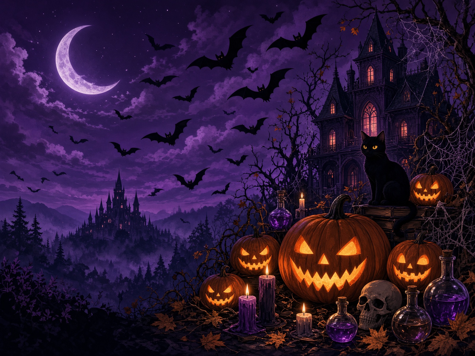 Black cat manor Halloween skin — halloween card skins 2026 card skin example