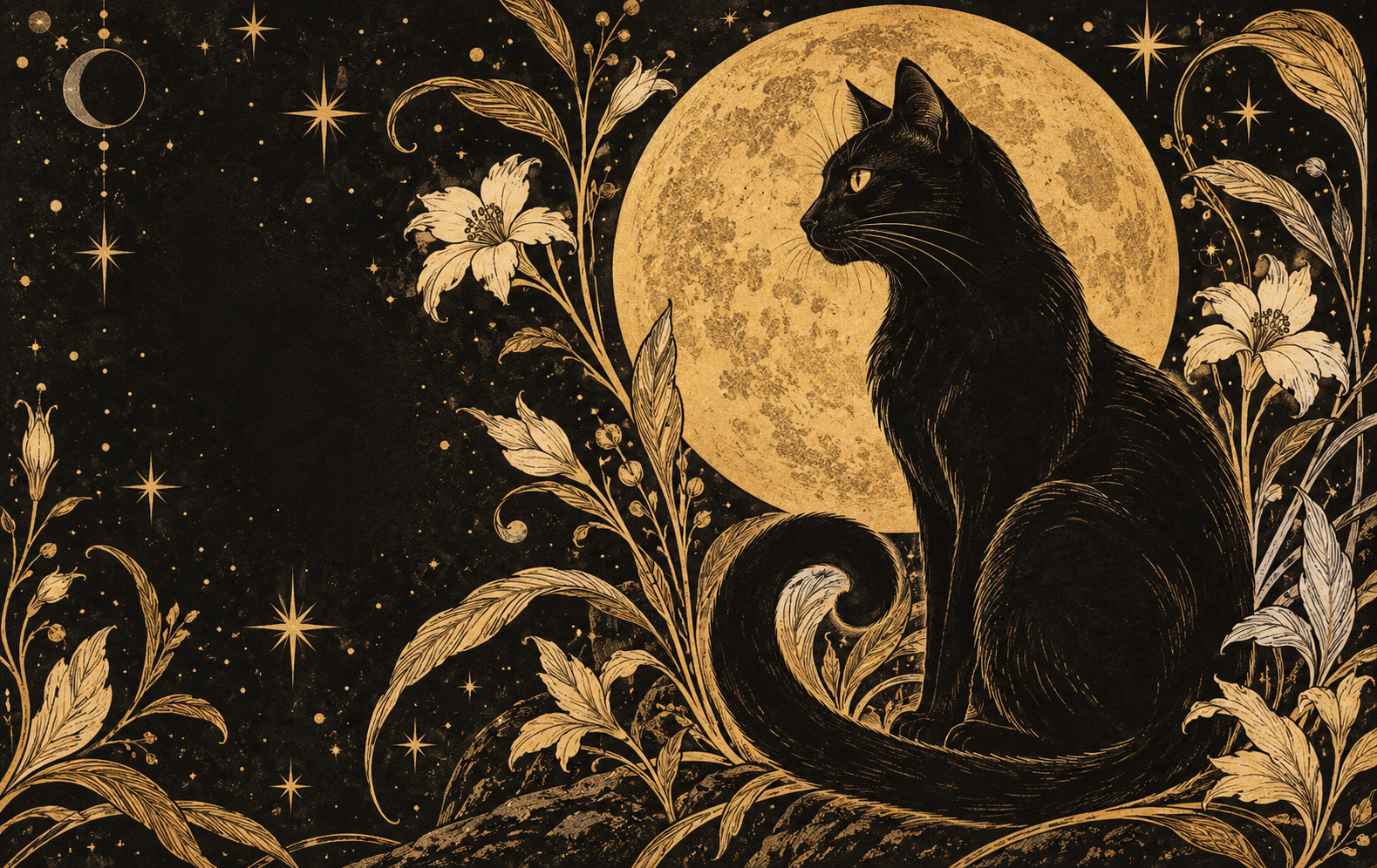 Midnight Cat Oracle: black cat and ochre moon